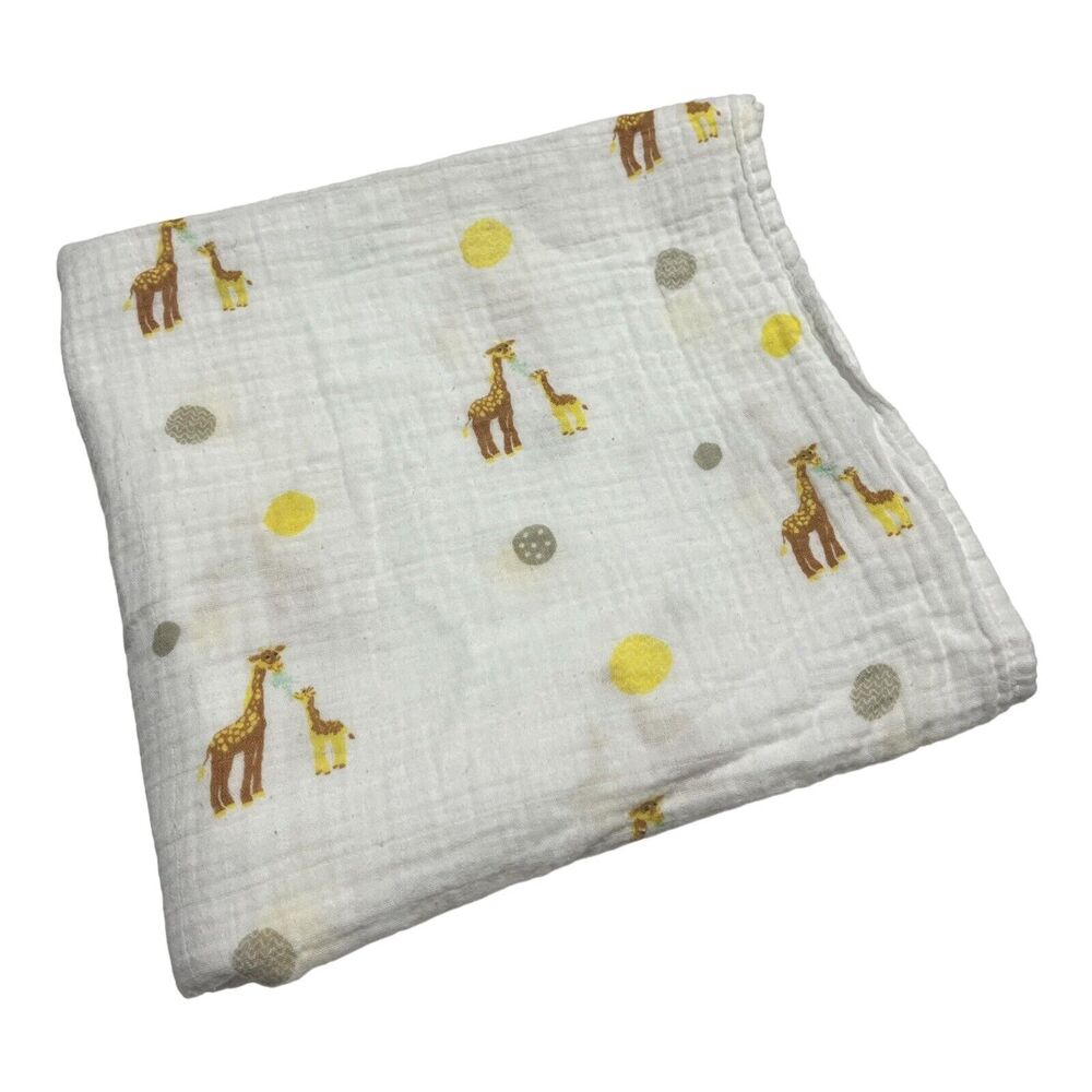 Bear Hugs Giraffe Polka Dot Muslin Swaddle Baby Blanket Yellow Gray Mommy & Me